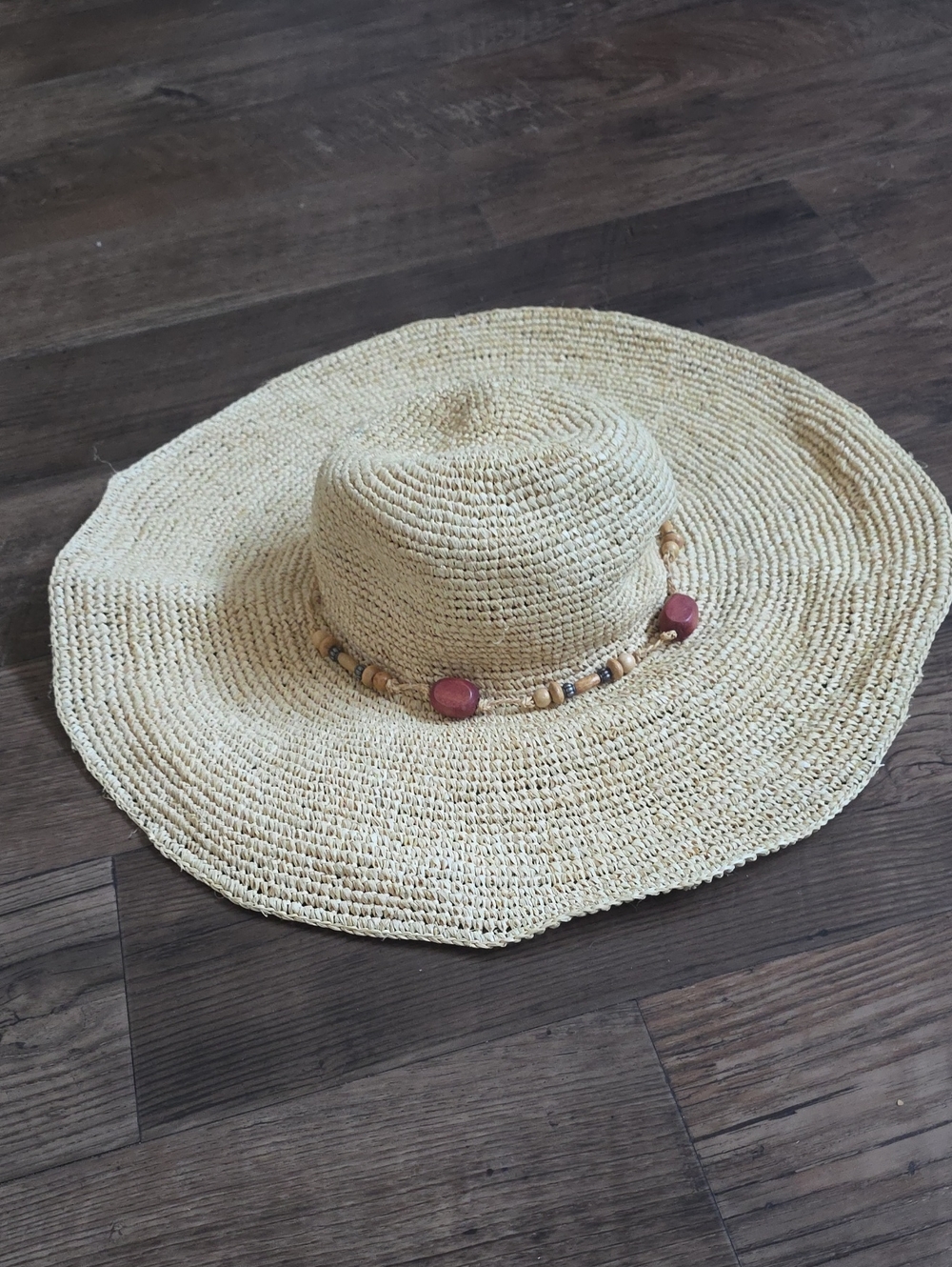 Wide Brim Straw Beach Hat with Beaded Accent - Natural